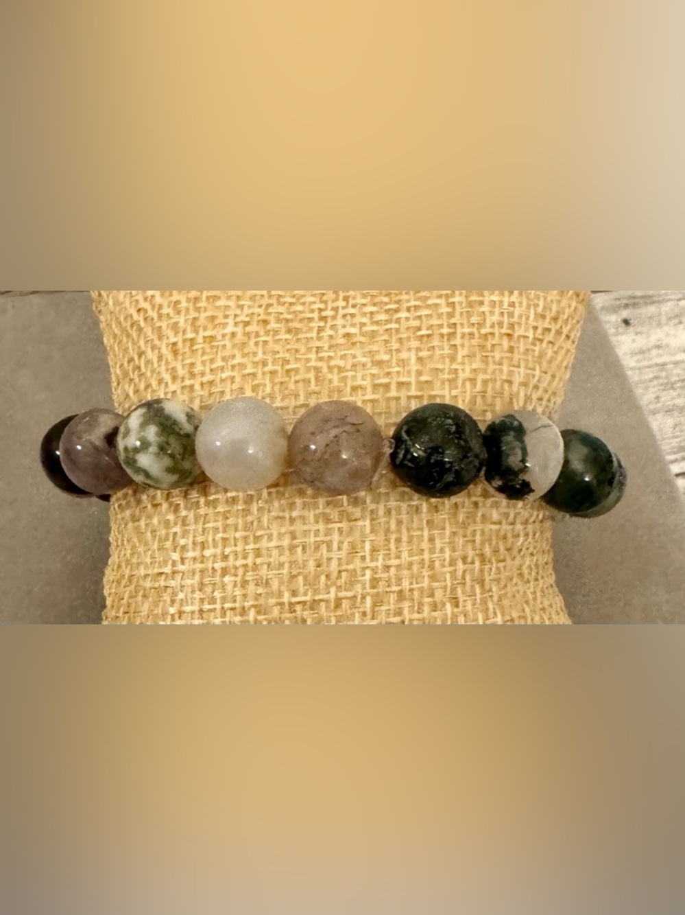 Moss Agate Bead Stretch Bracelet in Green, Gray, and Brown Tones